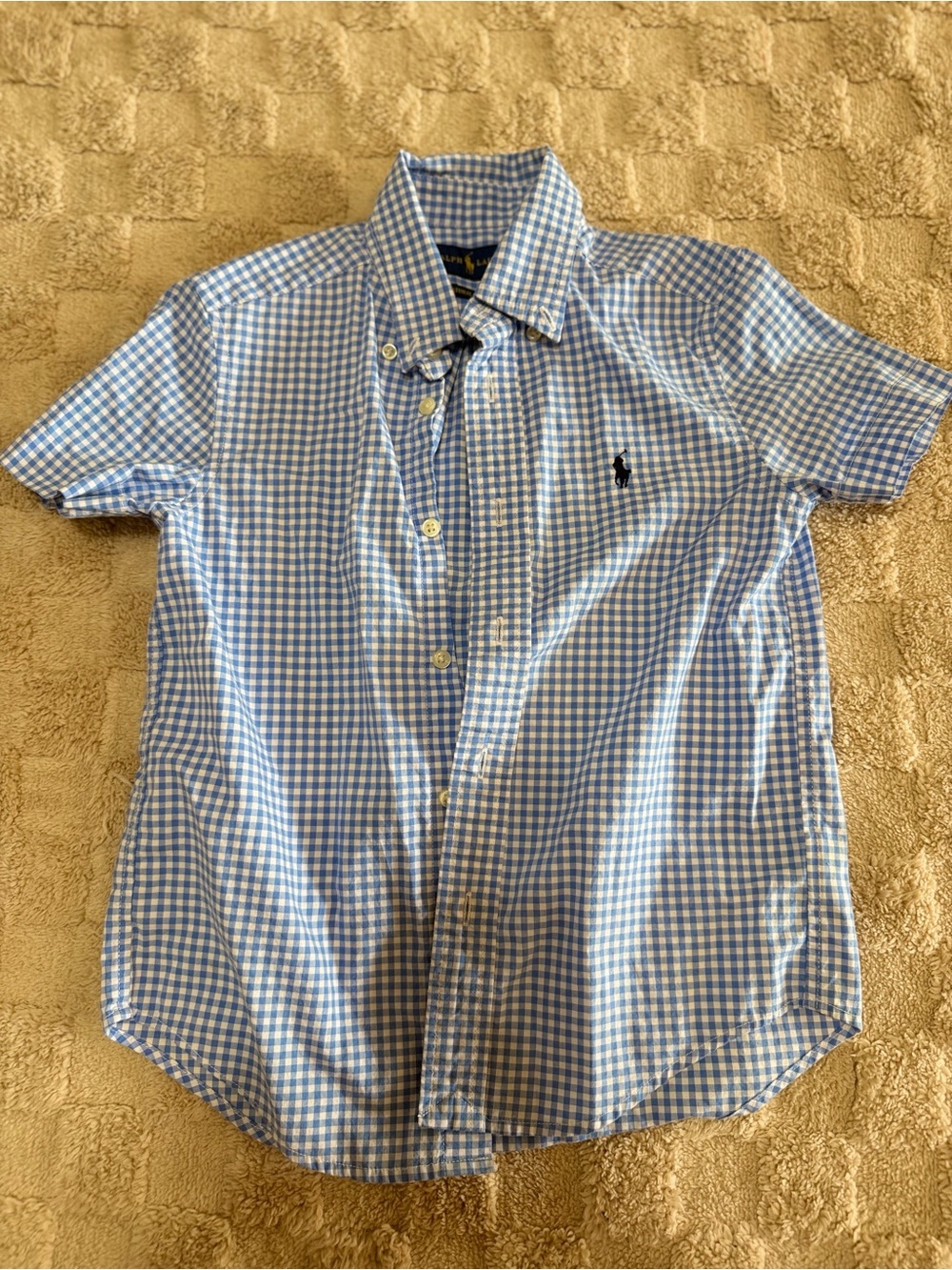Ralph Lauren Boys Size 5 Blue Gingham Short Sleeve Button Down Shirt